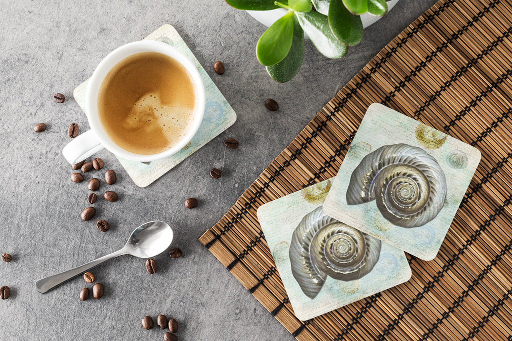 Beach Sundail Shell Foam Coasters Set of 4 Cup Coasters for Indoor Outdoor, Tabletop Protection, Anti Slip, Mouse pad Material