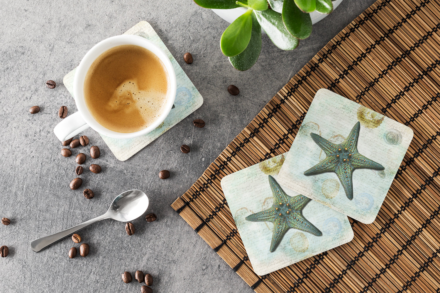 Beach Knobby Sea Stars Starfish Foam Coasters Set of 4 Cup Coasters for Indoor Outdoor, Tabletop Protection, Anti Slip, Mouse pad Material