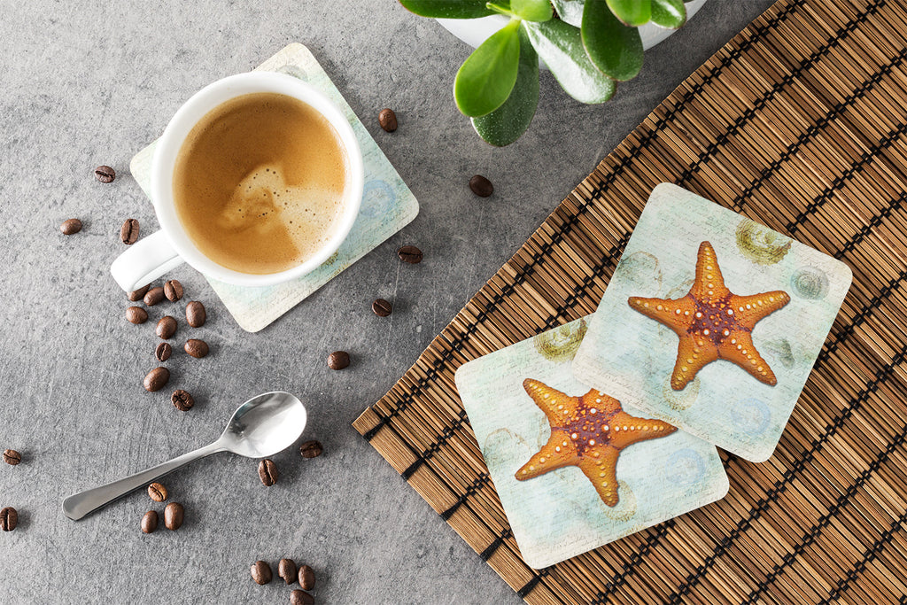 Beach Knobby Sea Star Starfish Orange Foam Coasters Set of 4 Cup Coasters for Indoor Outdoor, Tabletop Protection, Anti Slip, Mouse pad Material