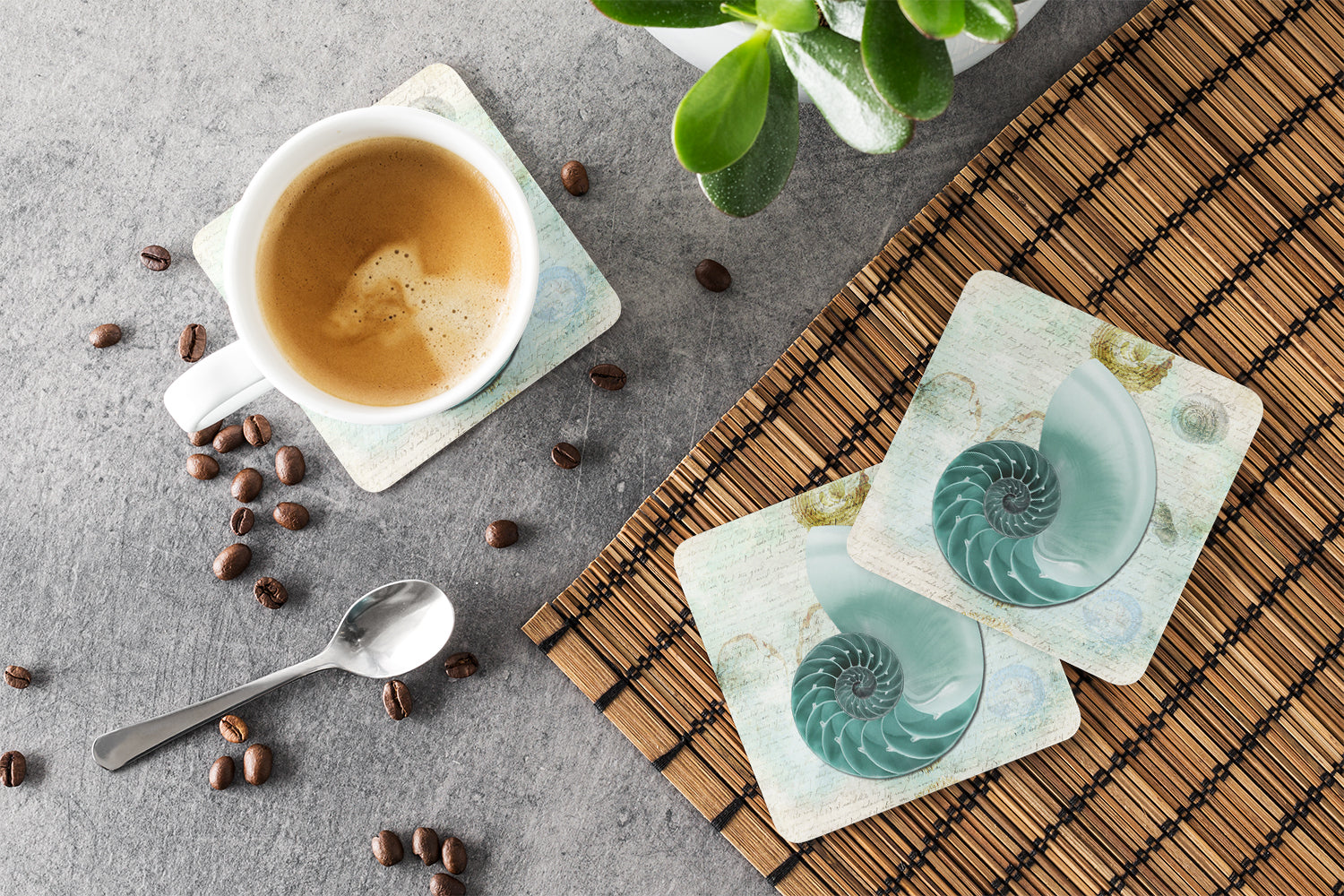 Beach Volute Shell Foam Coasters Set of 4 Cup Coasters for Indoor Outdoor, Tabletop Protection, Anti Slip, Mouse pad Material