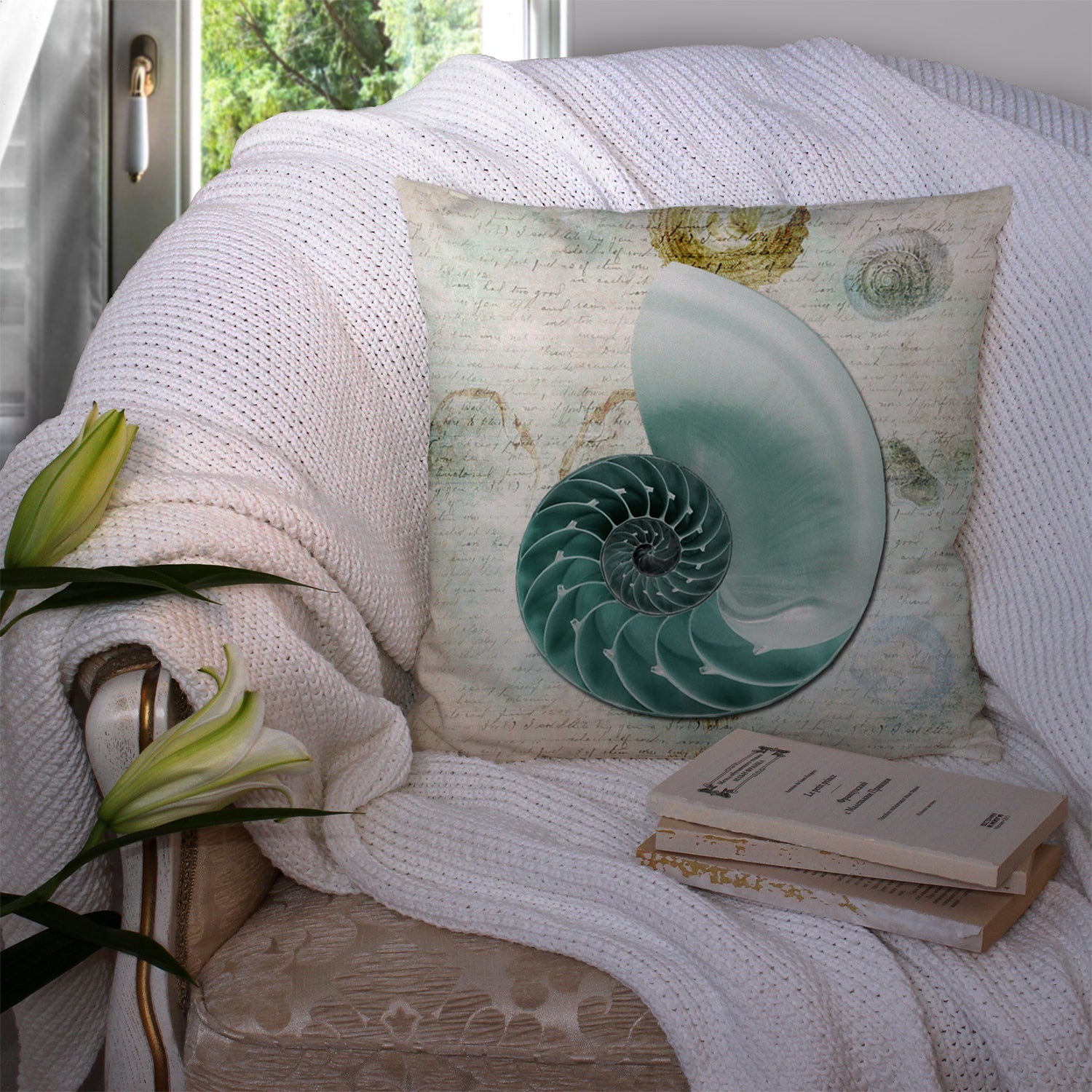 Beach Volute Shell Decorative Throw Pillow 14x14 Indoor Outdoor Accent Cushion, Fabric Cover with Insert for Sofa, Bed, Porch & Living Room