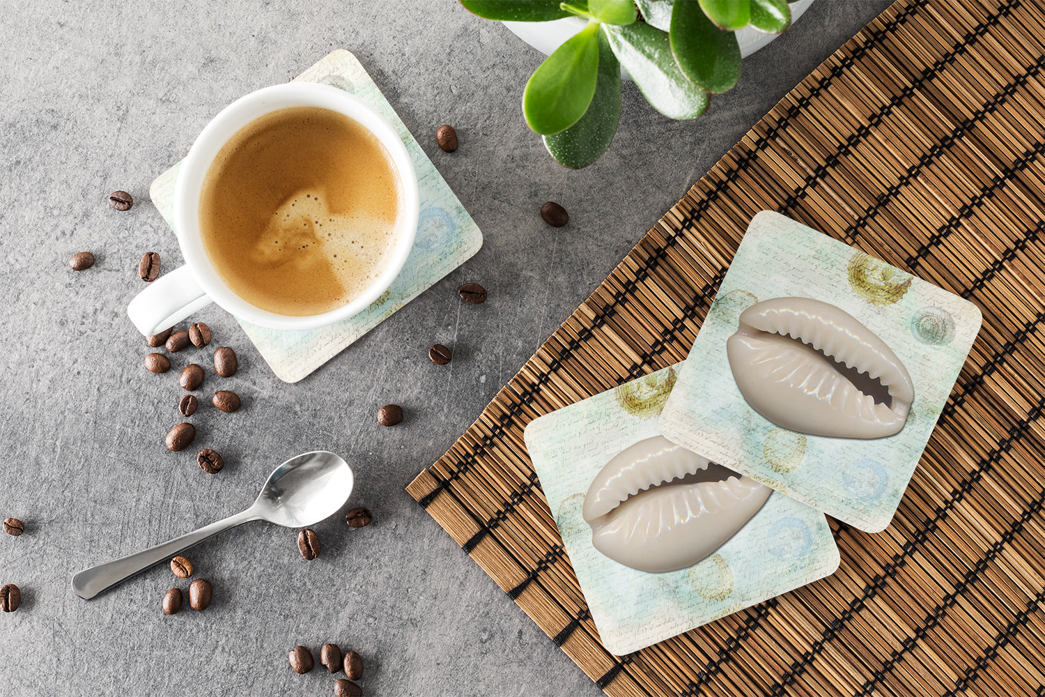 Beach Cowrie Shell Foam Coasters Set of 4 Cup Coasters for Indoor Outdoor, Tabletop Protection, Anti Slip, Mouse pad Material