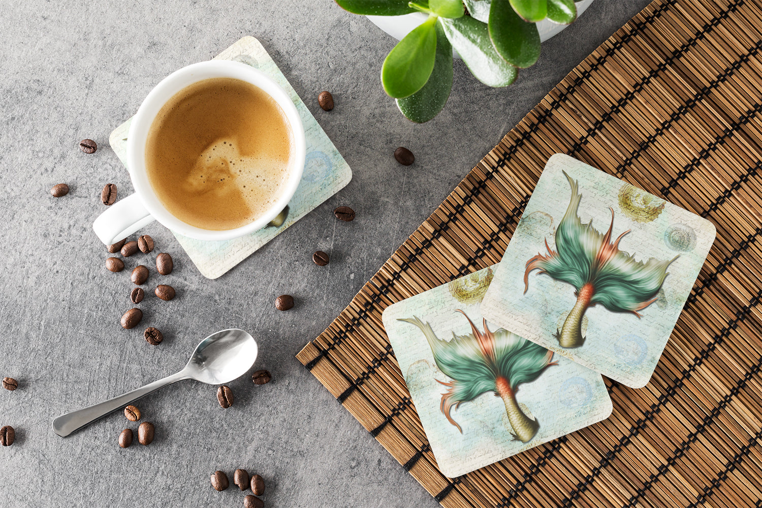 Mermaids and Mermen Mermaid Tail Foam Coasters Set of 4 Cup Coasters for Indoor Outdoor, Tabletop Protection, Anti Slip, Mouse pad Material
