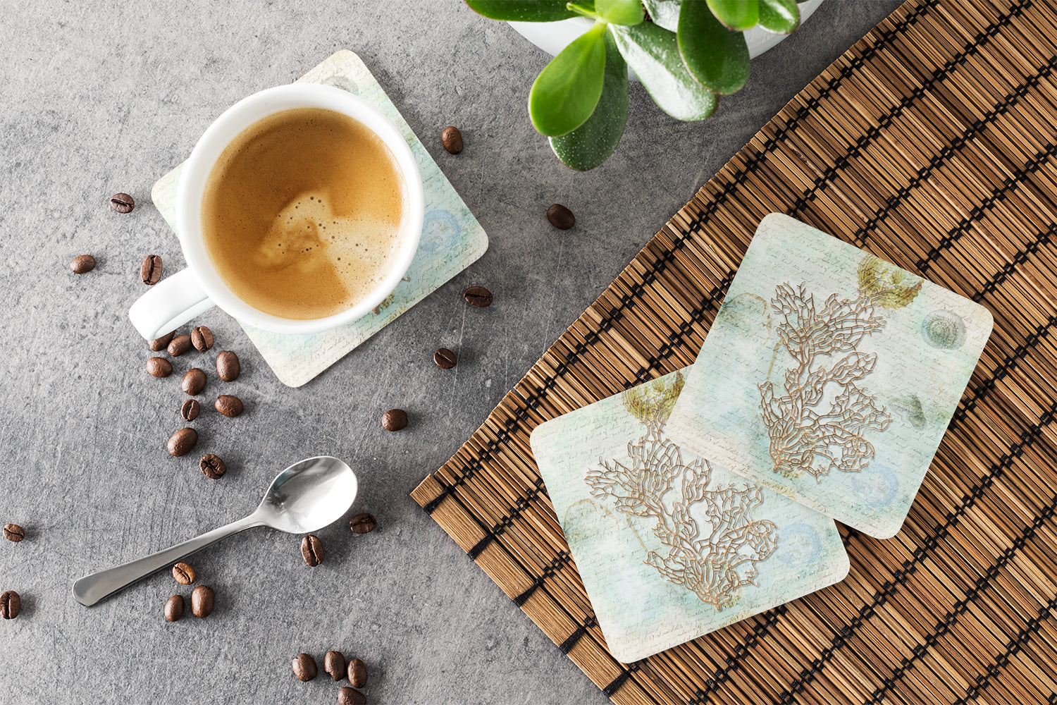 Beach Sea Whip Coral Foam Coasters Set of 4 Cup Coasters for Indoor Outdoor, Tabletop Protection, Anti Slip, Mouse pad Material