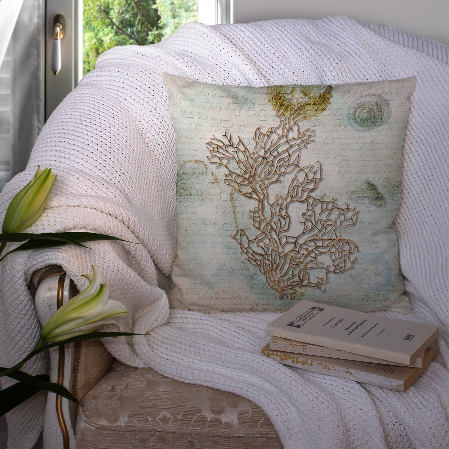 Beach Sea Whip Coral Decorative Throw Pillow 14x14 Indoor Outdoor Accent Cushion, Fabric Cover with Insert for Sofa, Bed, Porch & Living Room