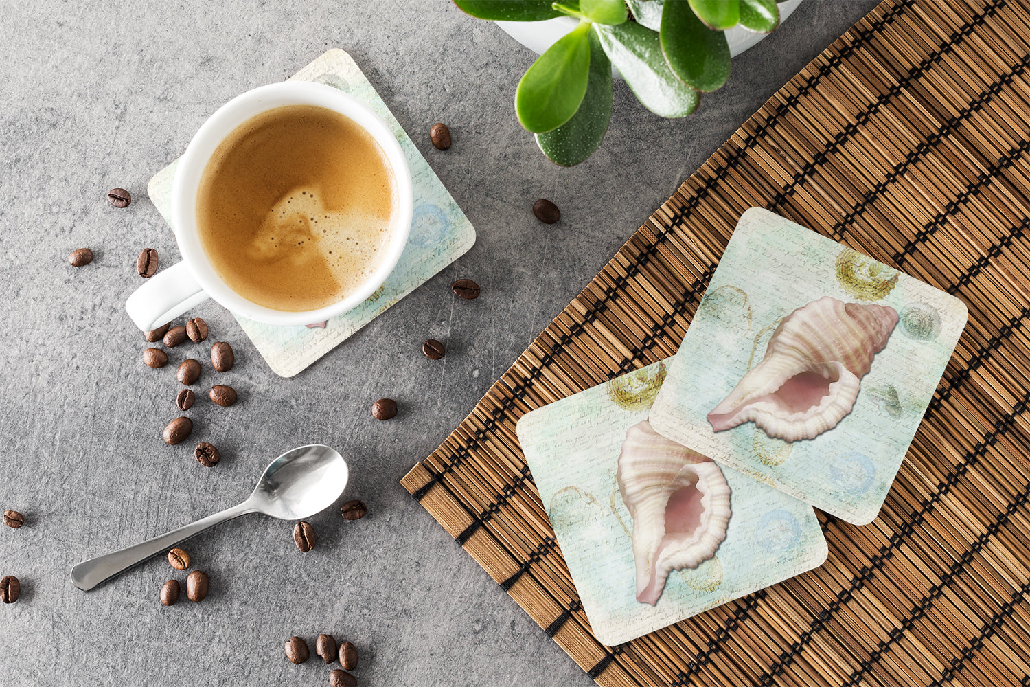 Beach Miter Shell Foam Coasters Set of 4 Cup Coasters for Indoor Outdoor, Tabletop Protection, Anti Slip, Mouse pad Material