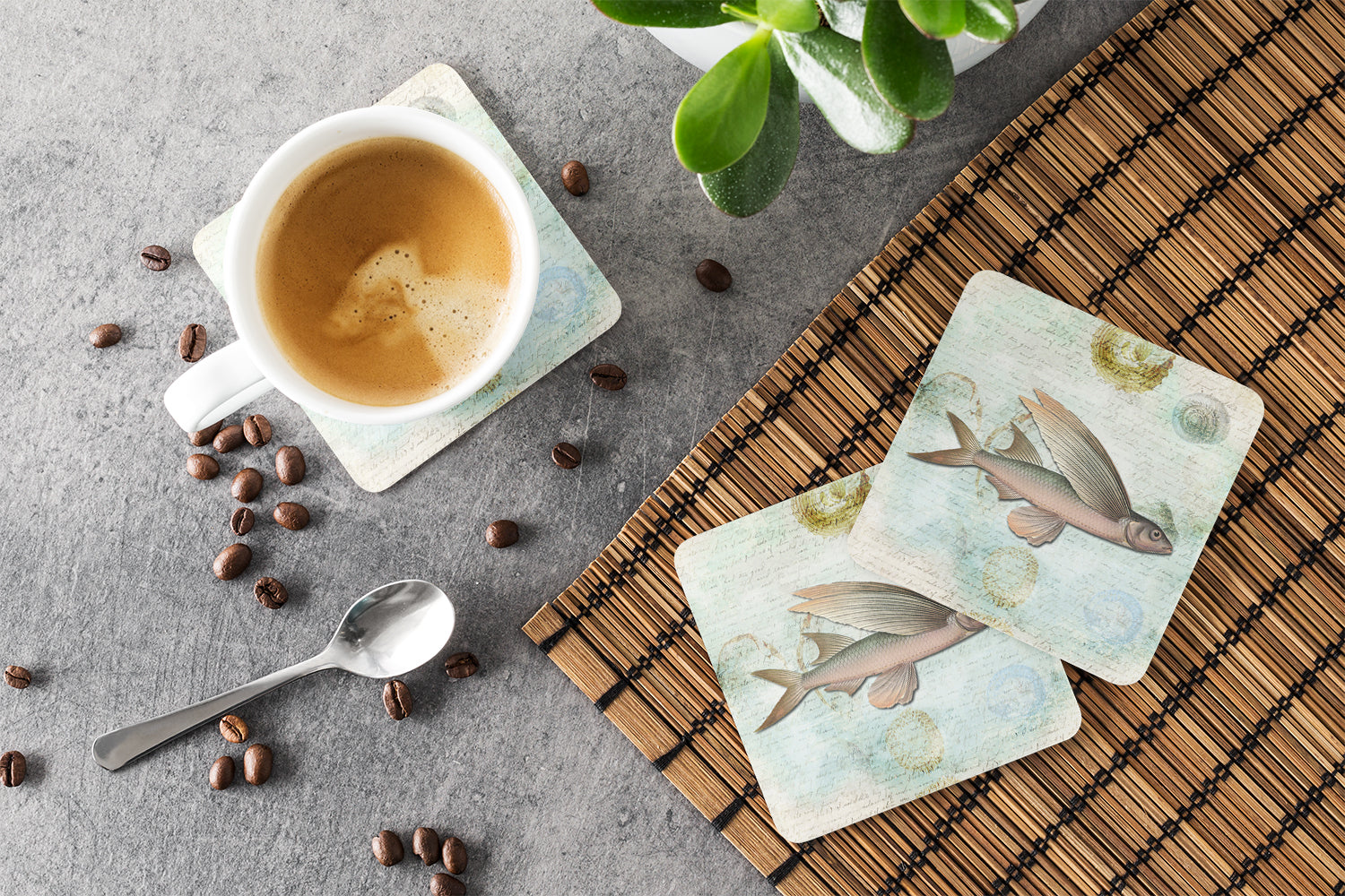 Beach Fly Fish Foam Coasters Set of 4 Cup Coasters for Indoor Outdoor, Tabletop Protection, Anti Slip, Mouse pad Material