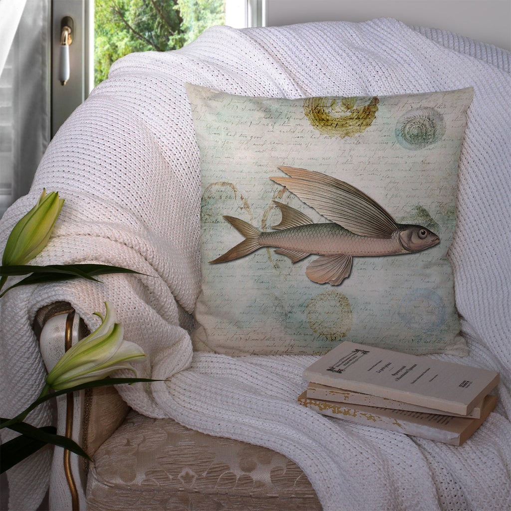 Beach Fly Fish Decorative Throw Pillow 14x14 Indoor Outdoor Accent Cushion, Fabric Cover with Insert for Sofa, Bed, Porch & Living Room