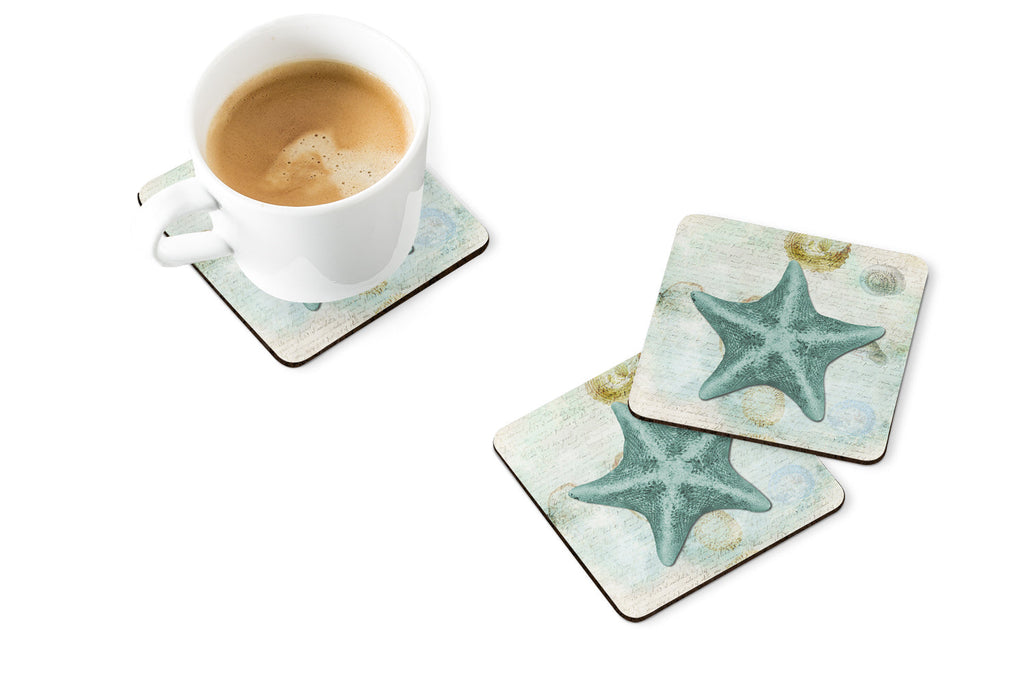 Beach Asteroidea Sea Star Starfish Teal Foam Coasters Set of 4 Cup Coasters for Indoor Outdoor, Tabletop Protection, Anti Slip, Mouse pad Material