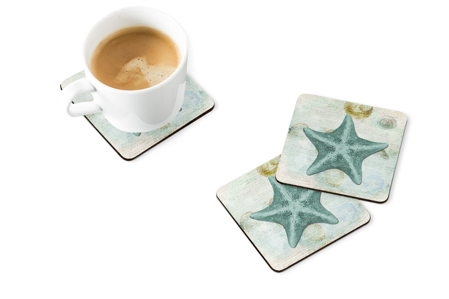 Beach Asteroidea Sea Star Starfish Teal Foam Coasters Set of 4 Cup Coasters for Indoor Outdoor, Tabletop Protection, Anti Slip, Mouse pad Material