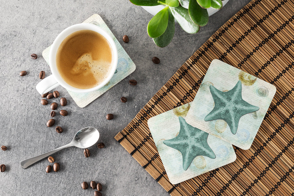 Beach Asteroidea Sea Star Starfish Teal Foam Coasters Set of 4 Cup Coasters for Indoor Outdoor, Tabletop Protection, Anti Slip, Mouse pad Material
