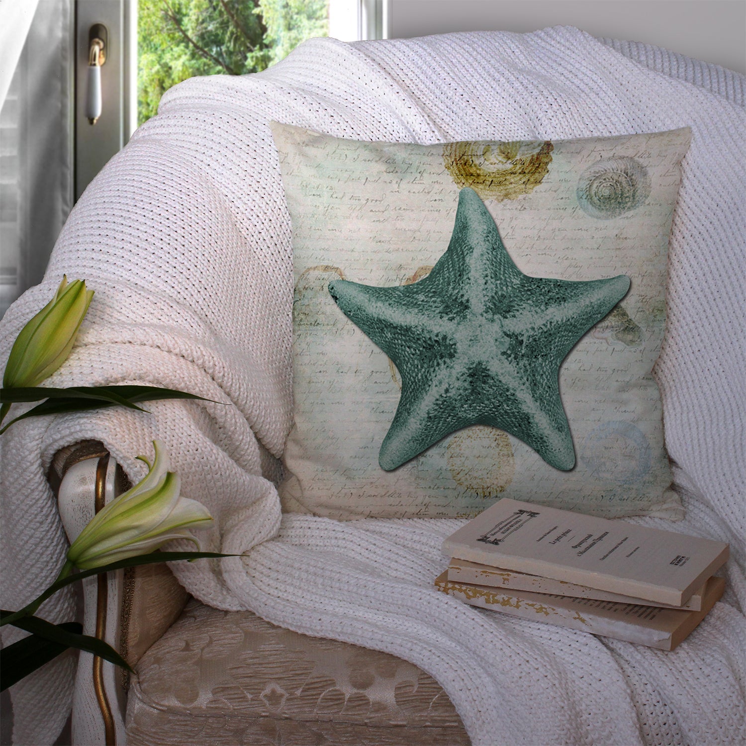Beach Asteroidea Sea Star Starfish Teal Decorative Throw Pillow 14x14 Indoor Outdoor Accent Cushion, Fabric Cover with Insert for Sofa, Bed, Porch & Living Room