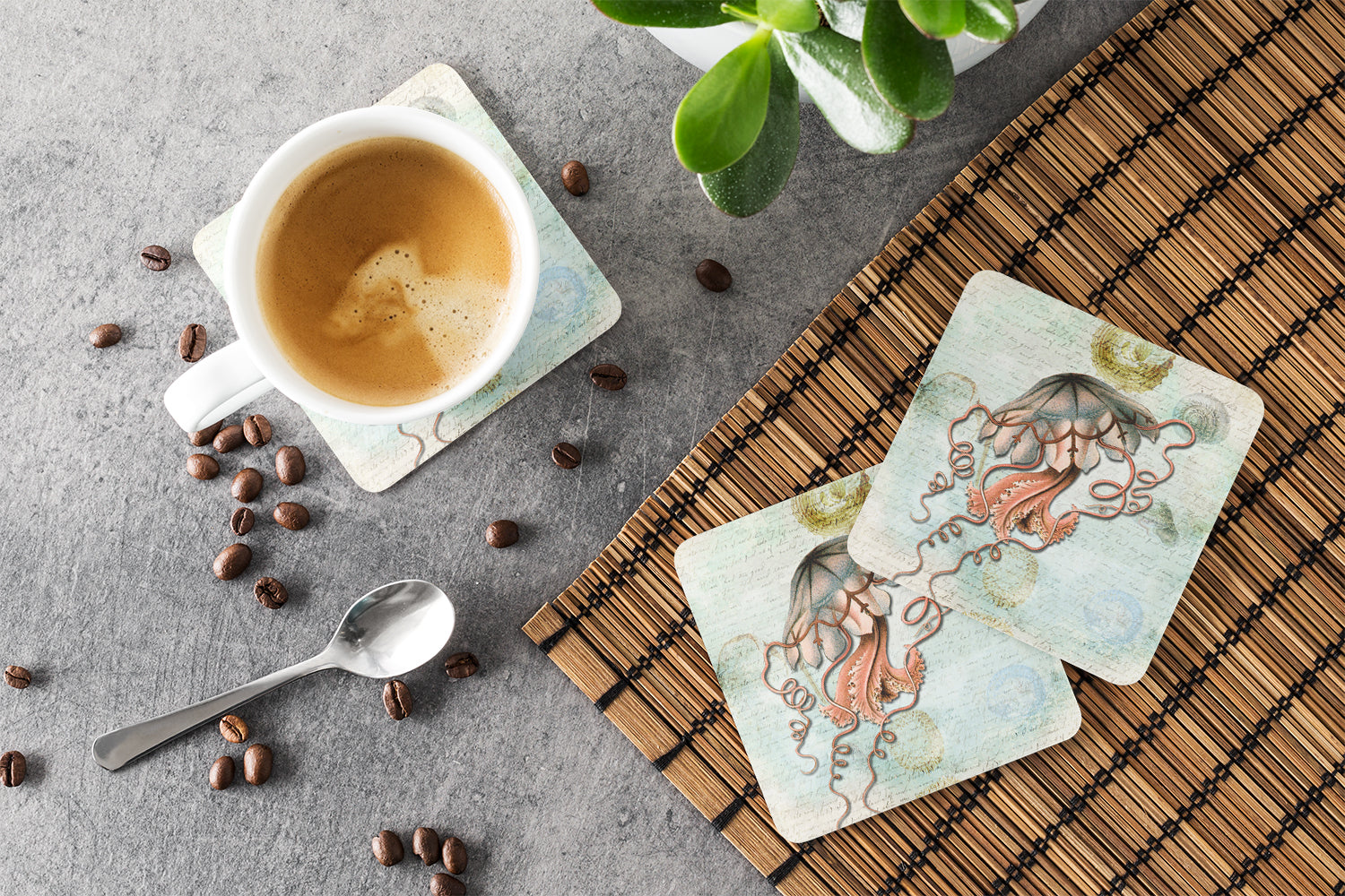 Beach Jellyfish Foam Coasters Set of 4 Cup Coasters for Indoor Outdoor, Tabletop Protection, Anti Slip, Mouse pad Material