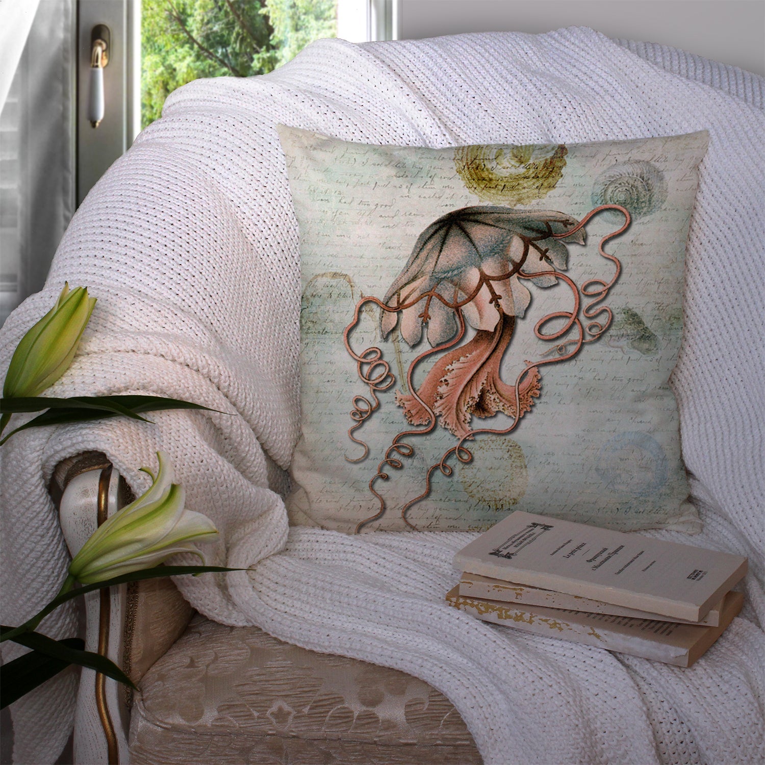 Beach Jellyfish Decorative Throw Pillow 14x14 Indoor Outdoor Accent Cushion, Fabric Cover with Insert for Sofa, Bed, Porch & Living Room