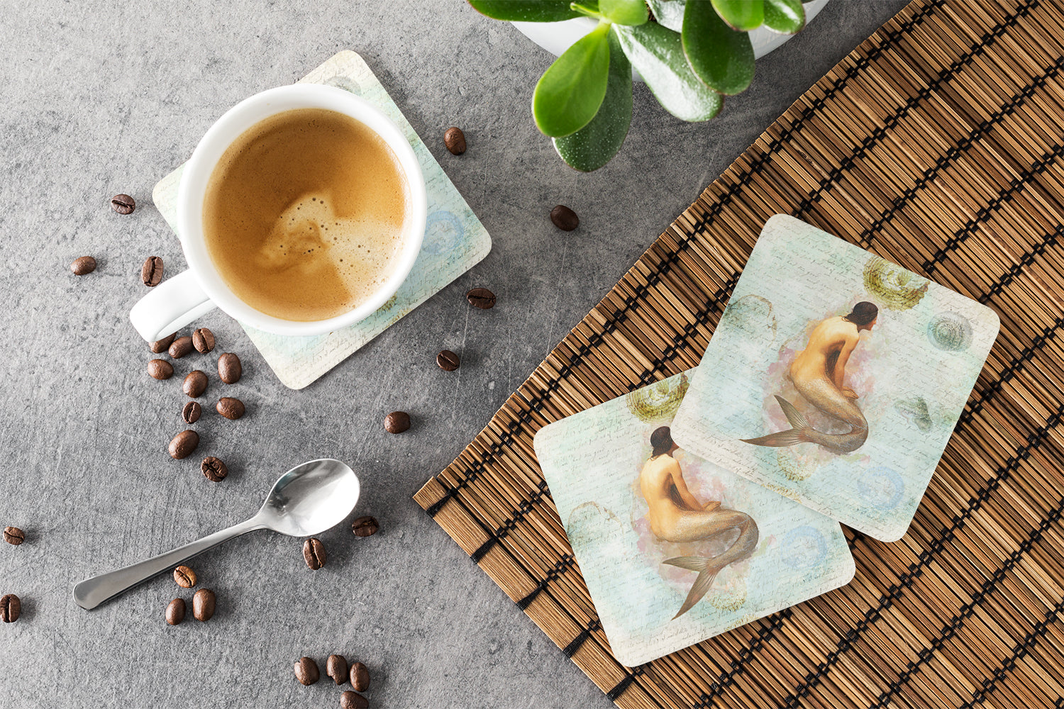 Beach Mermaid Foam Coasters Set of 4 Cup Coasters for Indoor Outdoor, Tabletop Protection, Anti Slip, Mouse pad Material