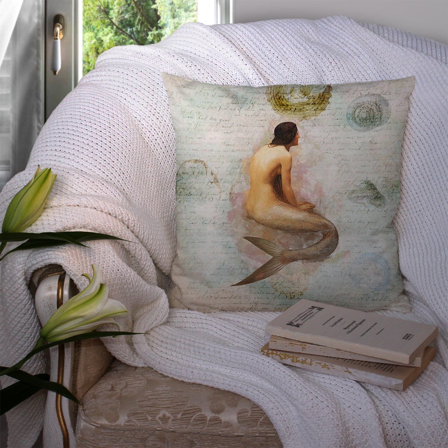 Beach Mermaid Decorative Throw Pillow 14x14 Indoor Outdoor Accent Cushion, Fabric Cover with Insert for Sofa, Bed, Porch & Living Room
