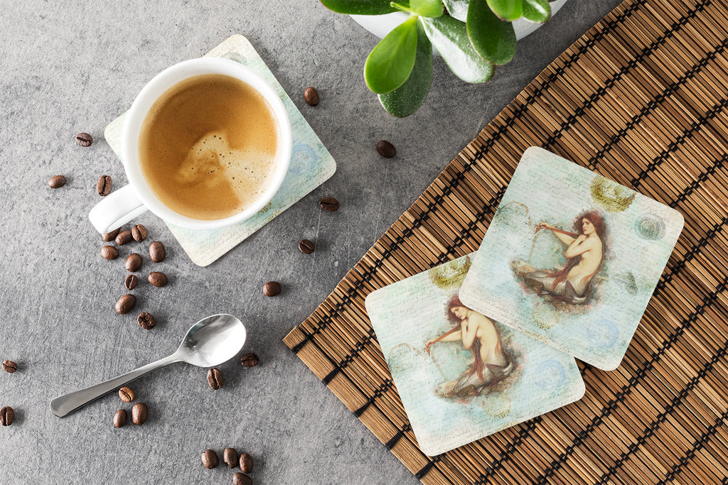 Beach Mermaid Sitting Foam Coasters Set of 4 Cup Coasters for Indoor Outdoor, Tabletop Protection, Anti Slip, Mouse pad Material