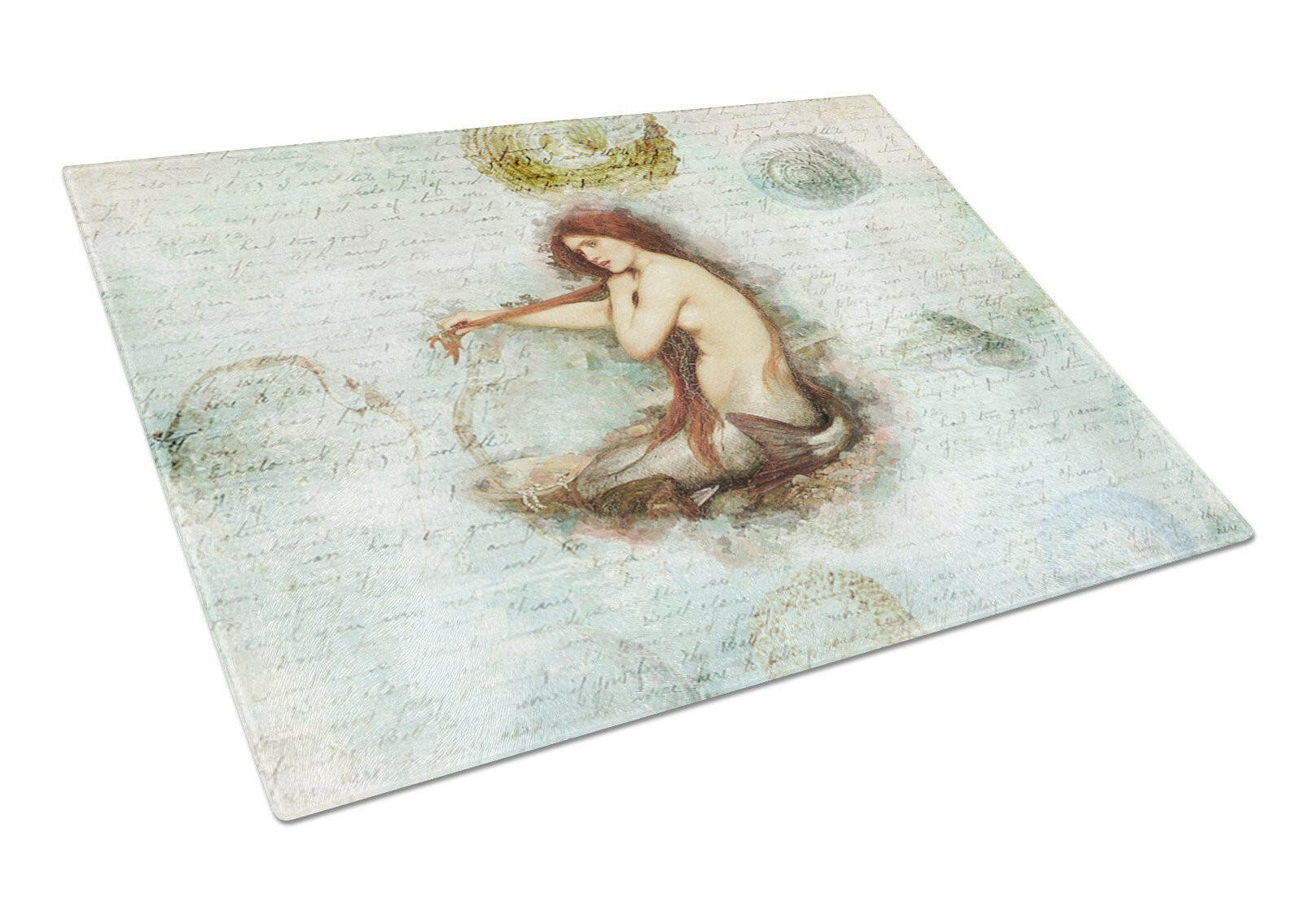 Beach Mermaid Sitting Cutting Board Tempered Glass Kitchen Cutting Surface, Heat Resistant Chopping, Non-Slip Feet, Food Prep & Serving