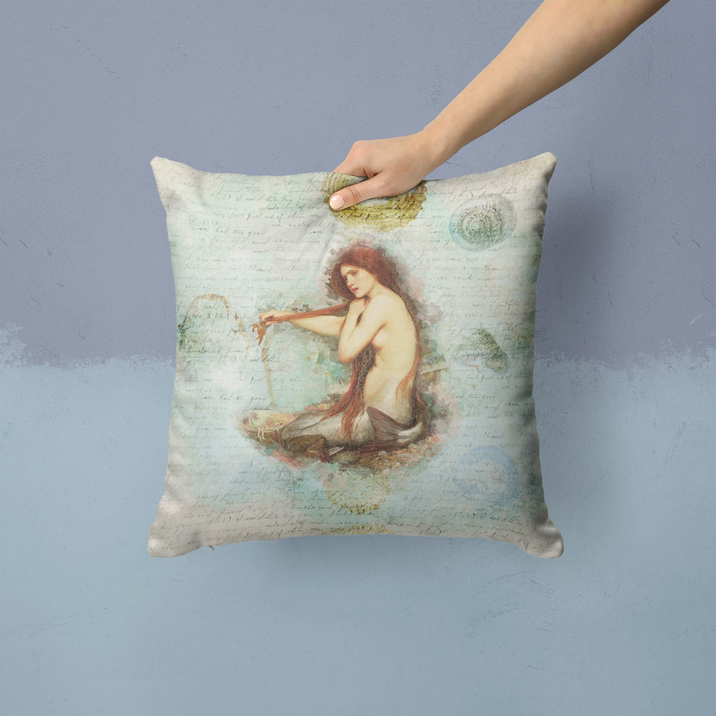 Beach Mermaid Sitting Decorative Throw Pillow 14x14 Indoor Outdoor Accent Cushion, Fabric Cover with Insert for Sofa, Bed, Porch & Living Room