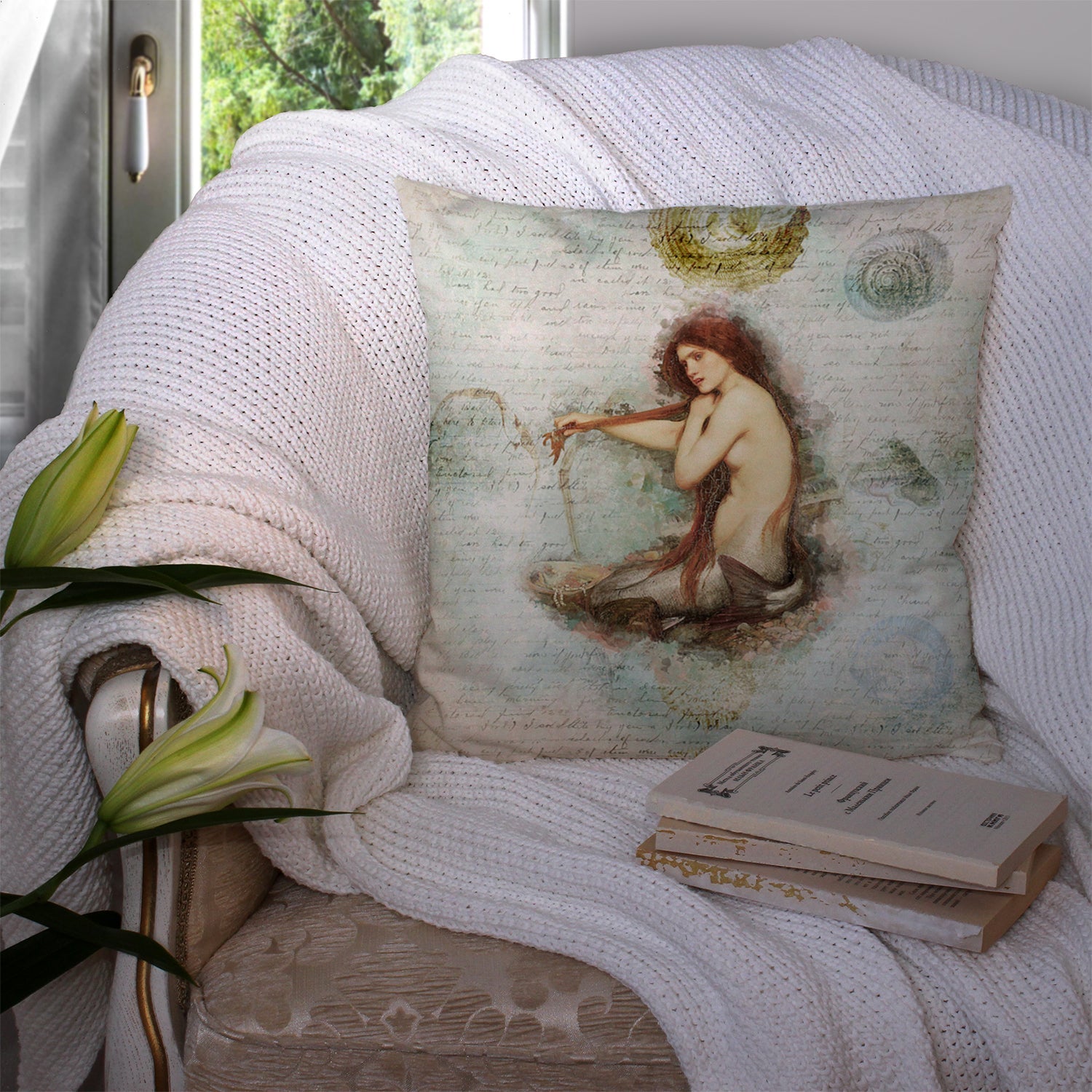 Beach Mermaid Sitting Decorative Throw Pillow 14x14 Indoor Outdoor Accent Cushion, Fabric Cover with Insert for Sofa, Bed, Porch & Living Room