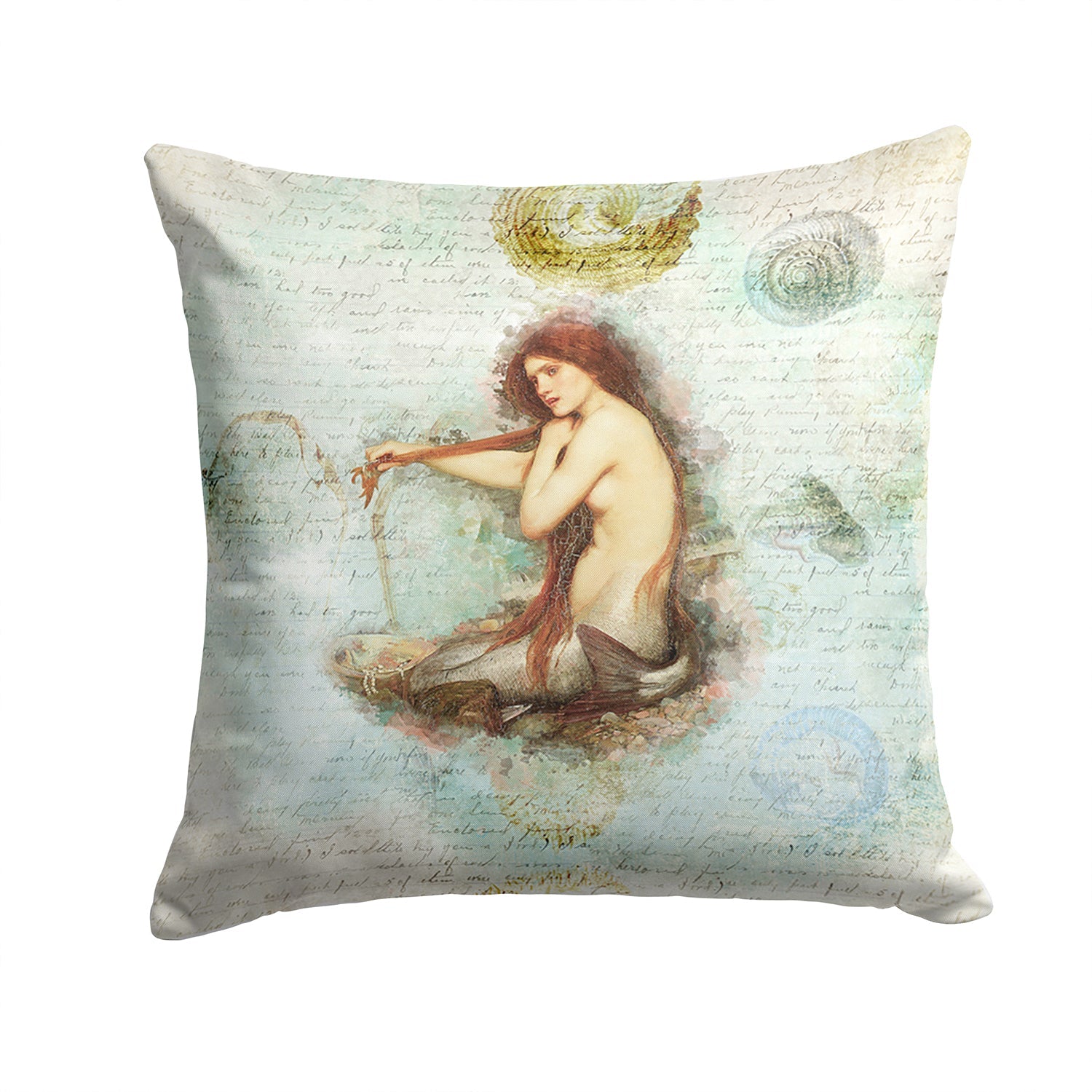 Beach Mermaid Sitting Decorative Throw Pillow 14x14 Indoor Outdoor Accent Cushion, Fabric Cover with Insert for Sofa, Bed, Porch & Living Room