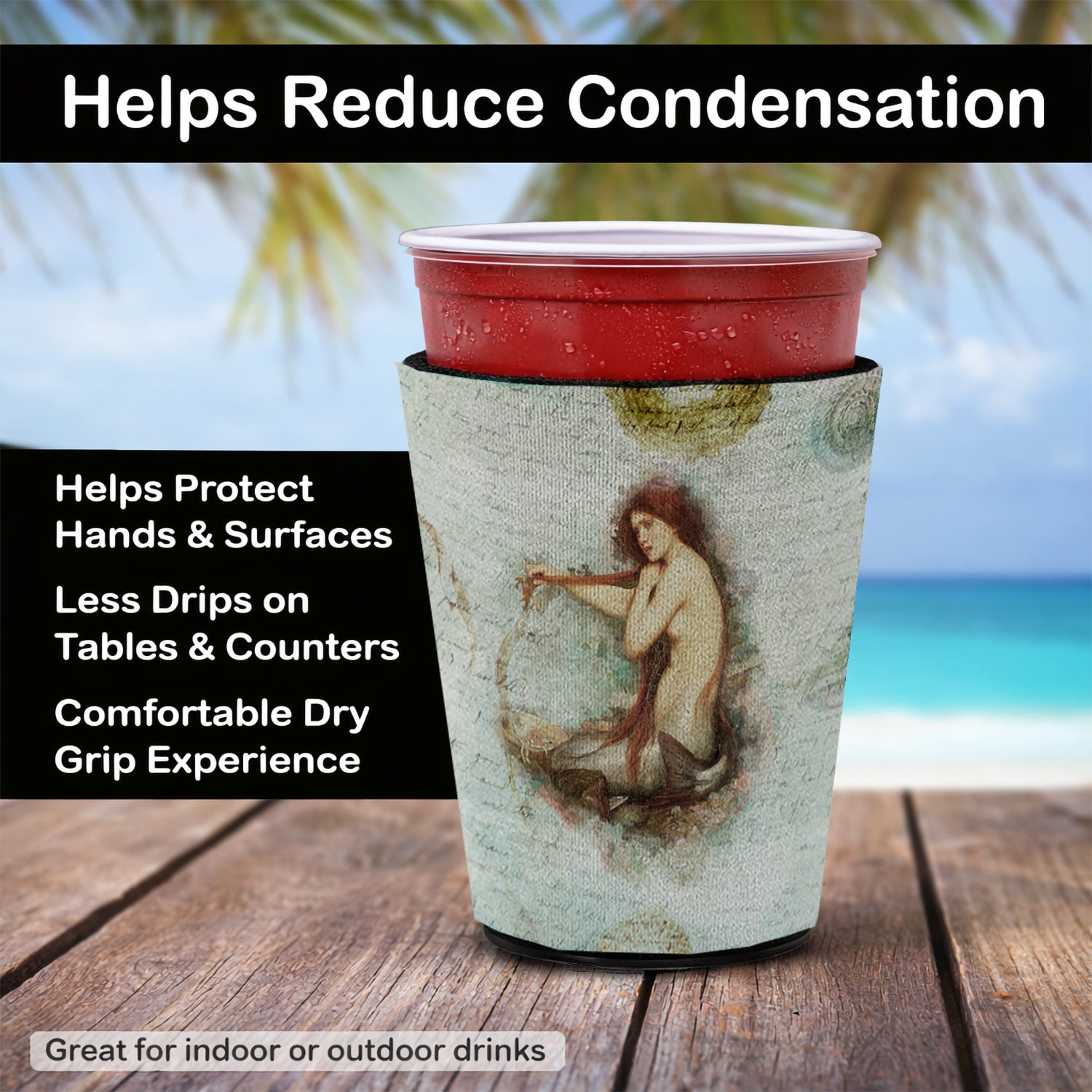 Beach Mermaid Sitting Red Cup Hugger Sleeve for 16–22 oz Party Cups, Insulated Foam Drink Holder for Iced Coffee, Tailgate & BBQ Reusable