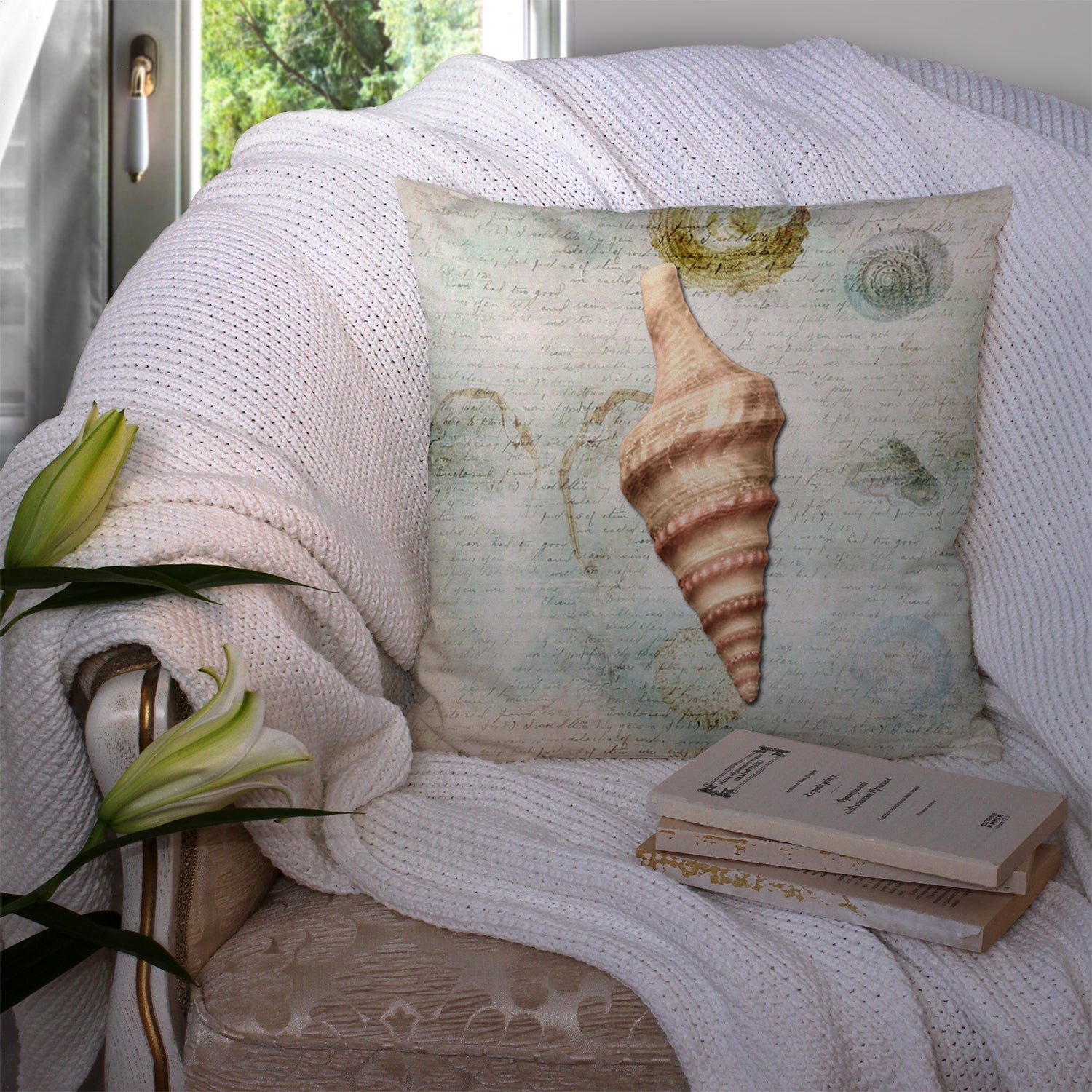 Beach Horse Conch Shell Decorative Throw Pillow 14x14 Indoor Outdoor Accent Cushion, Fabric Cover with Insert for Sofa, Bed, Porch & Living Room
