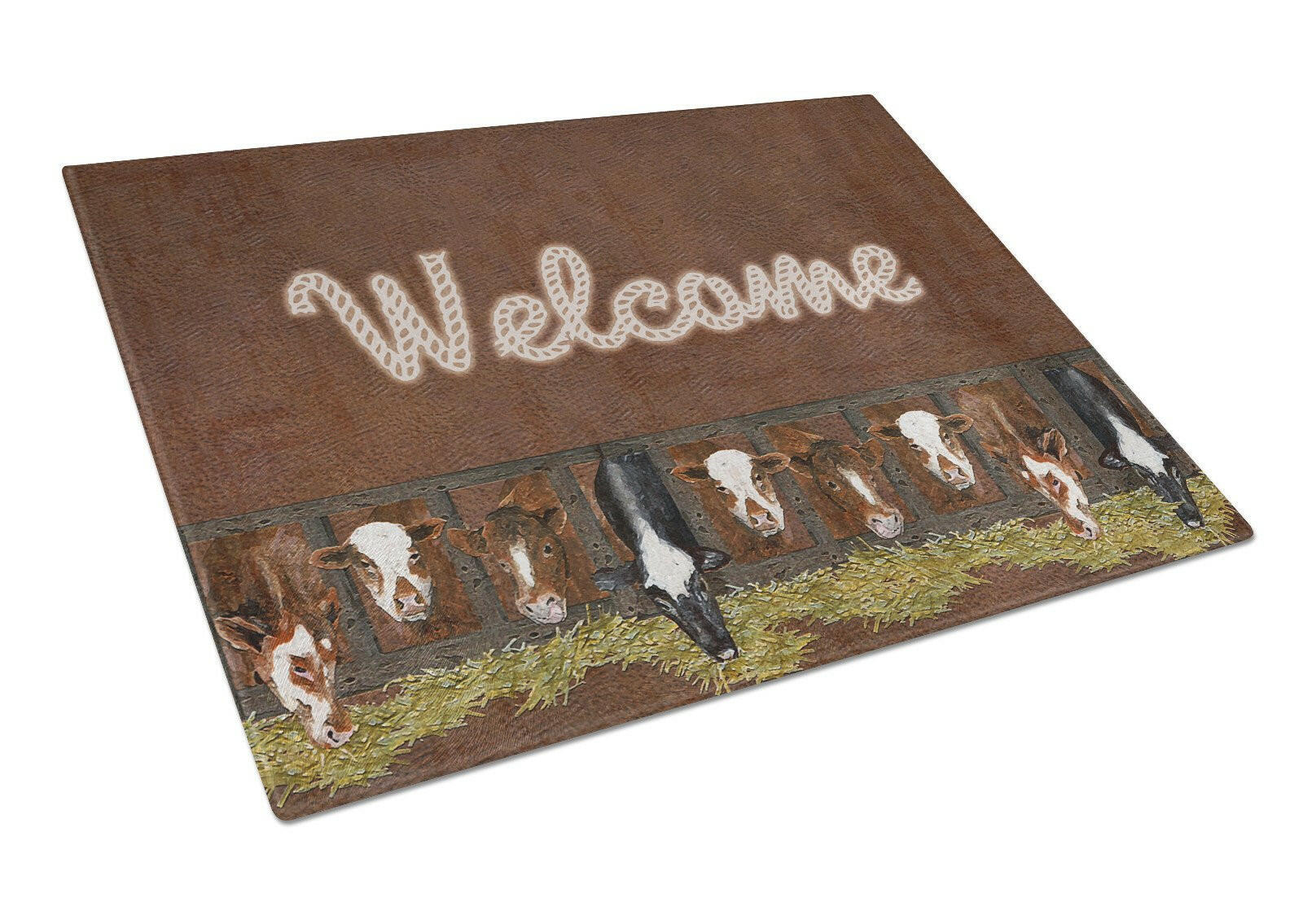 Welcome Mat with Cows Cutting Board Tempered Glass Kitchen Cutting Surface, Heat Resistant Chopping, Non-Slip Feet, Food Prep & Serving