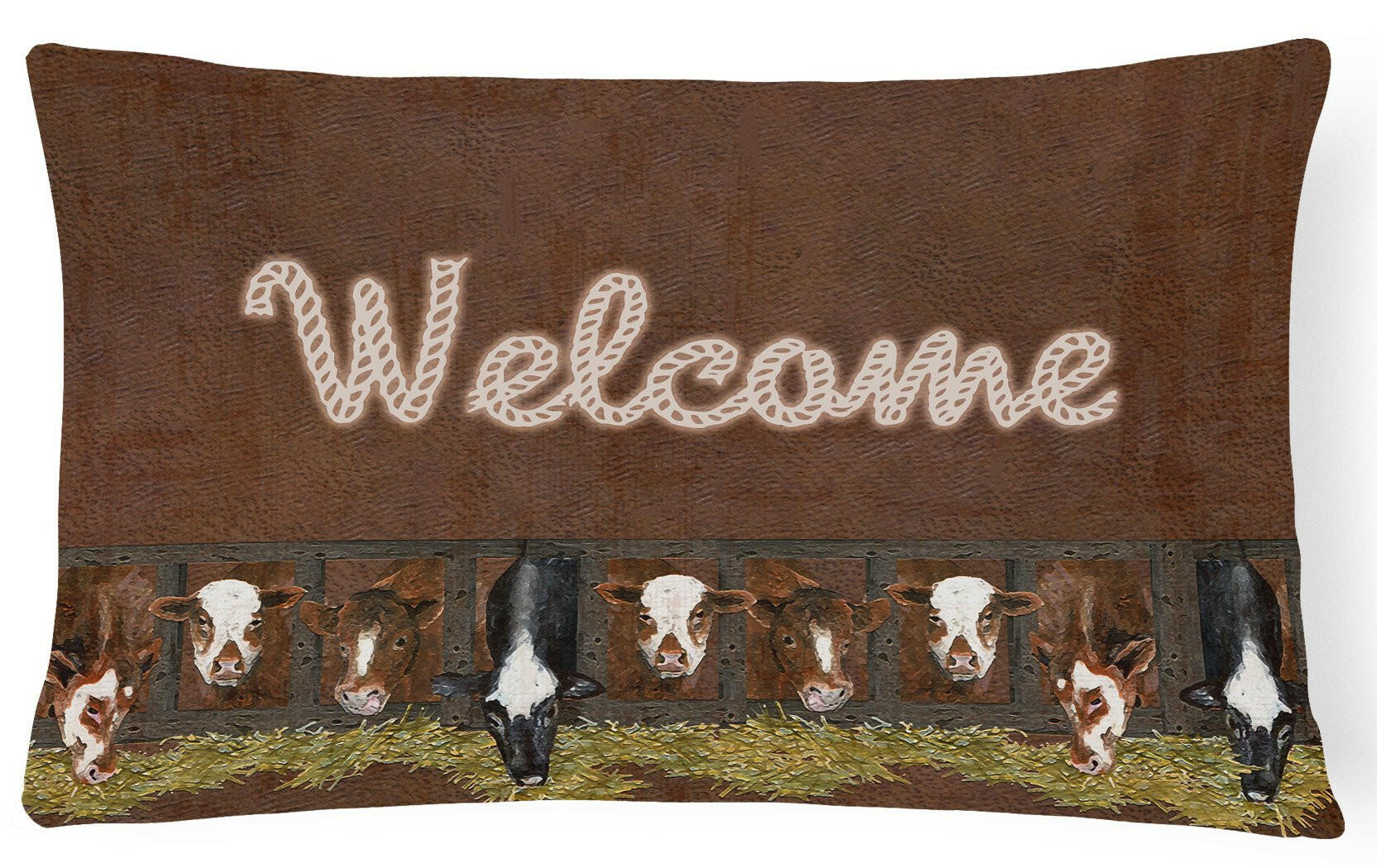 Welcome Mat with Cows Decorative Throw Pillow 12x16 Indoor Outdoor Accent Cushion, Fabric Cover with Insert for Sofa, Bed, Porch & Living Room