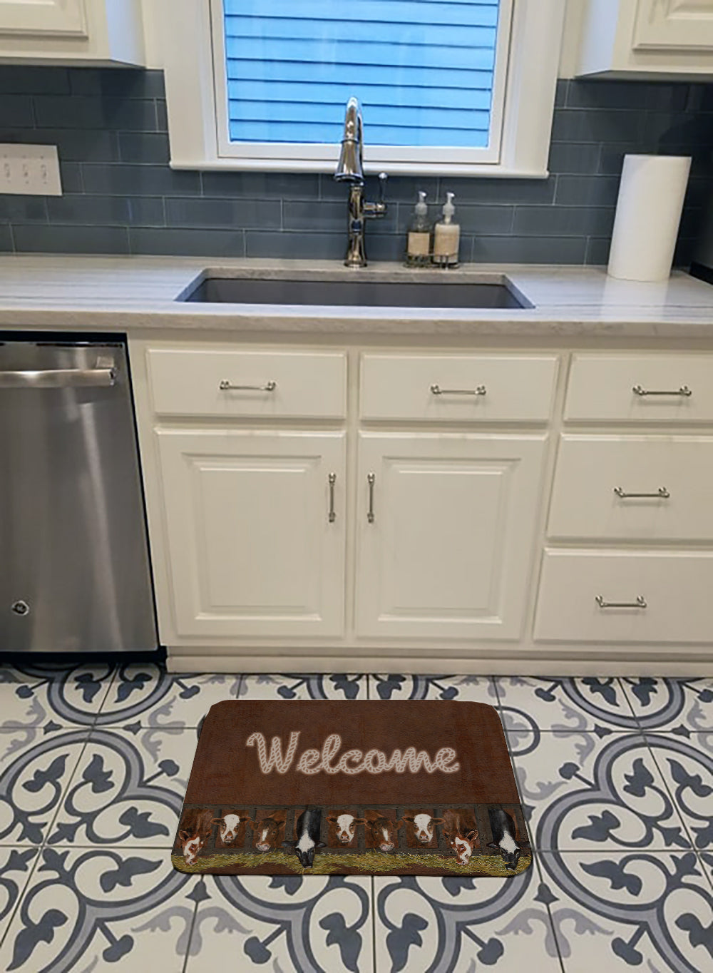 Welcome Mat with Cows Memory Foam Kitchen Mat Machine Washable Anti-Fatigue Cushion Comfort Bath or Kitchen Rug