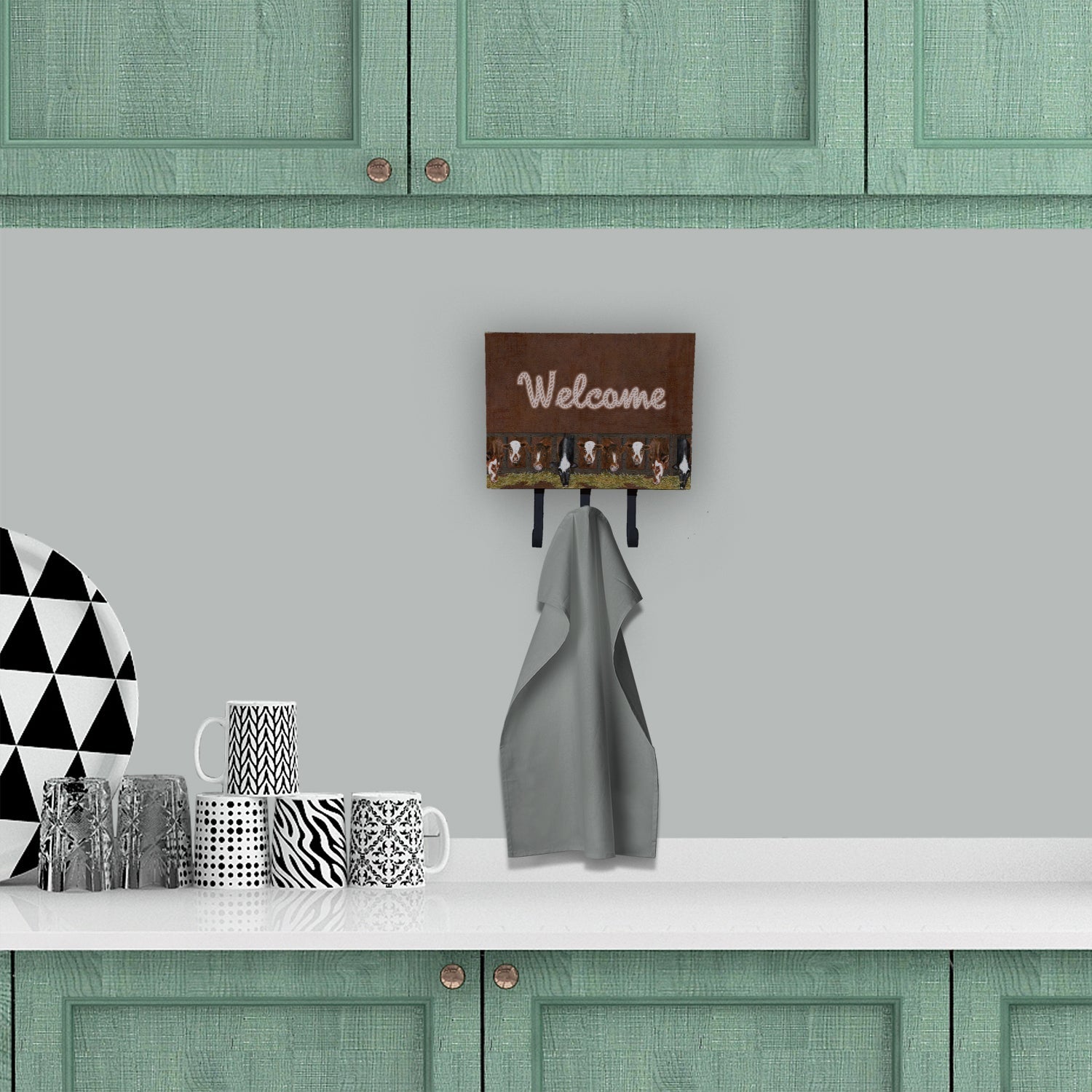 Welcome Mat with Cows Leash or Key Holder Wall Hooks, Coat Rack Wall Mount, for Hanging Keys, Towels, Aprons, Leashes