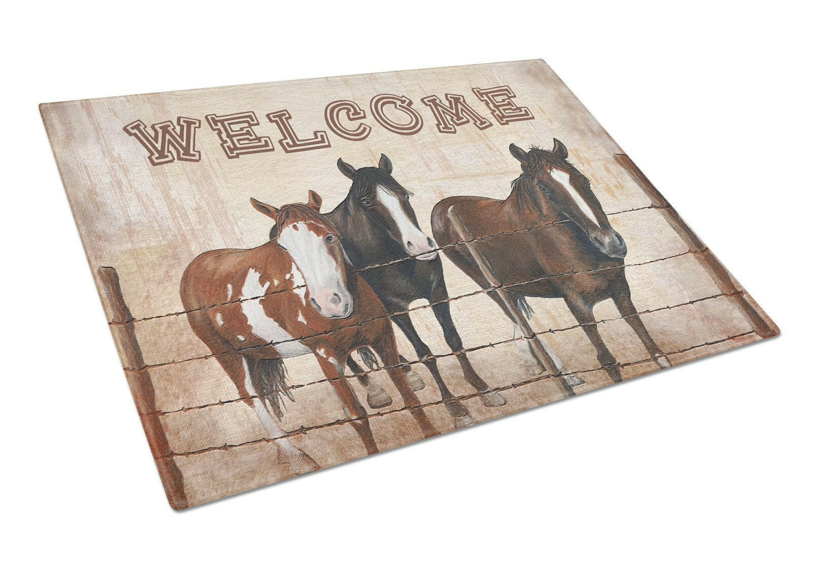 Welcome Mat with Horses Cutting Board Tempered Glass Kitchen Cutting Surface, Heat Resistant Chopping, Non-Slip Feet, Food Prep & Serving