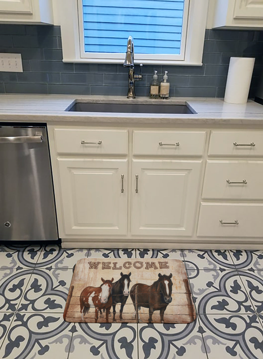 Welcome Mat with Horses Memory Foam Kitchen Mat Machine Washable Anti-Fatigue Cushion Comfort Bath or Kitchen Rug