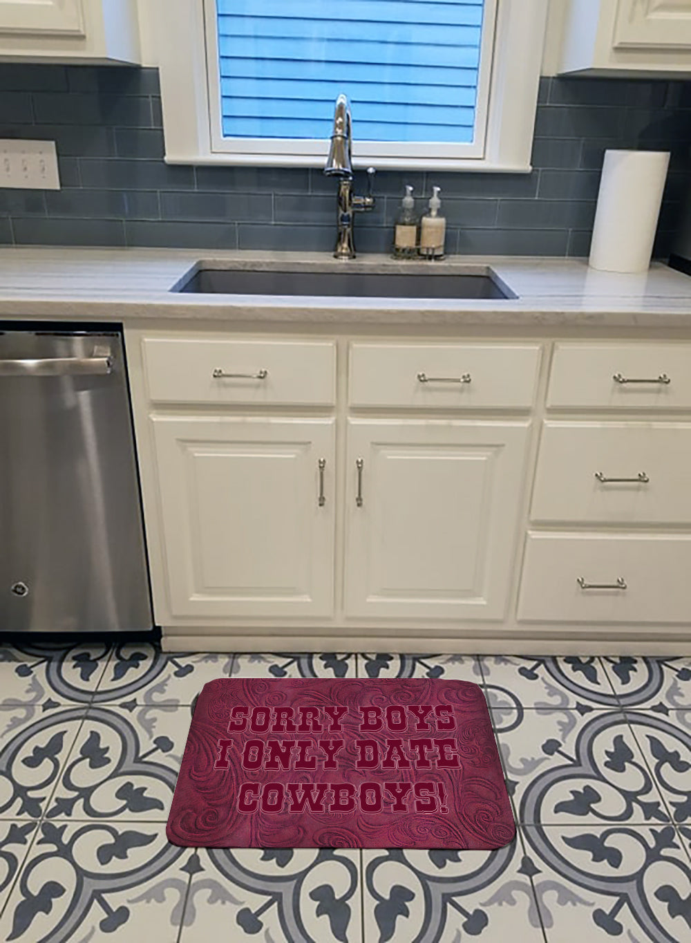 Sorry Boys I only date cowboys in pink Memory Foam Kitchen Mat Machine Washable Anti-Fatigue Cushion Comfort Bath or Kitchen Rug