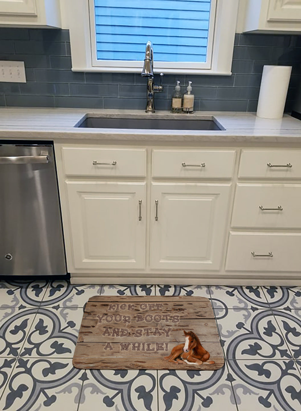 Kick off your boots and stay a while Memory Foam Kitchen Mat Machine Washable Anti-Fatigue Cushion Comfort Bath or Kitchen Rug