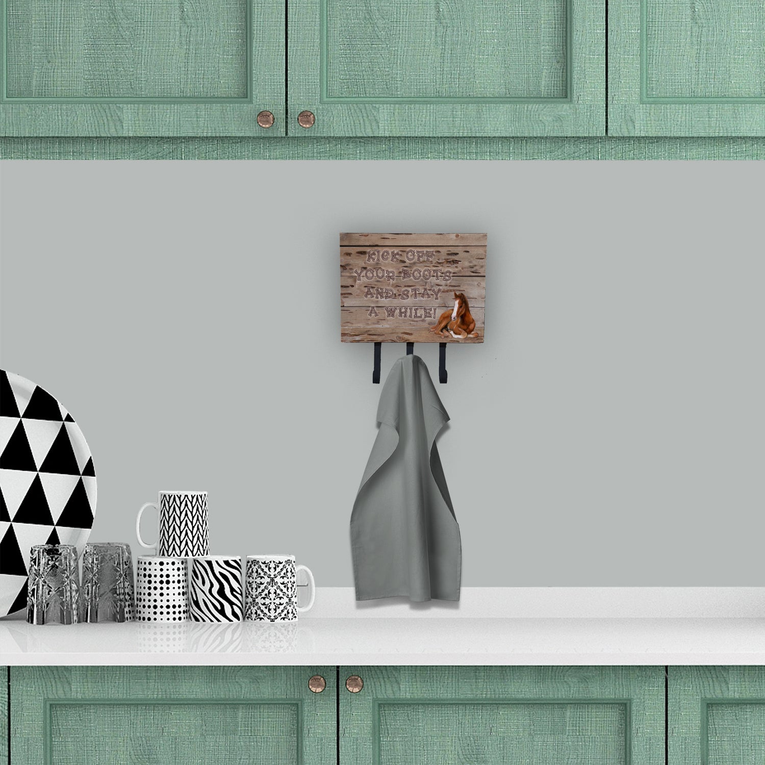 Kick off your boots and stay a while Leash or Key Holder Wall Hooks, Coat Rack Wall Mount, for Hanging Keys, Towels, Aprons, Leashes