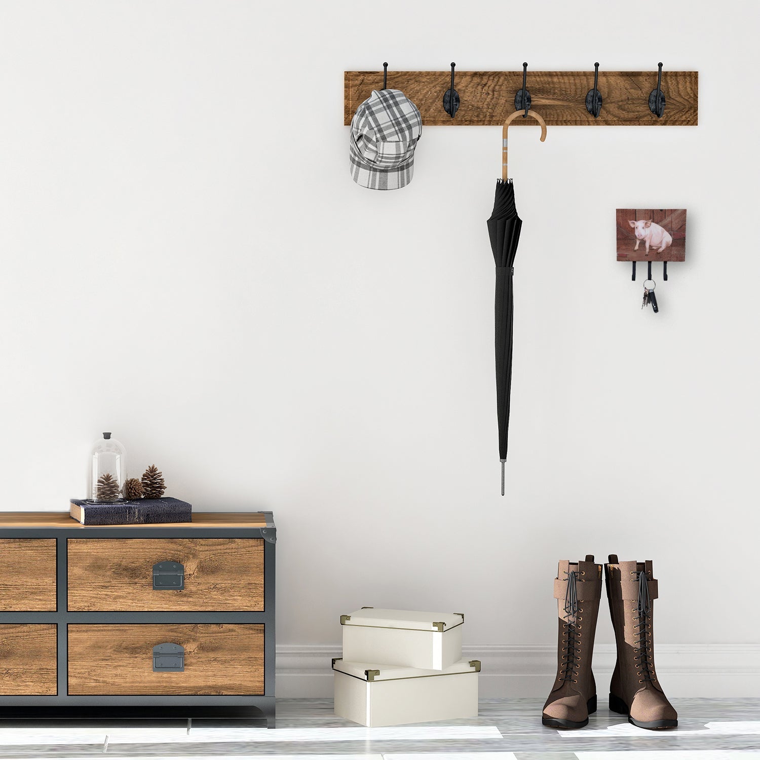 Pig at the barn door Leash or Key Holder Wall Hooks, Coat Rack Wall Mount, for Hanging Keys, Towels, Aprons, Leashes