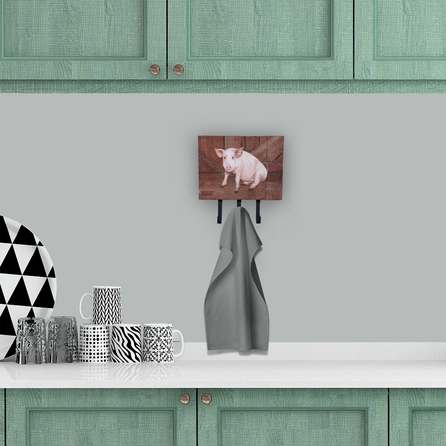 Pig at the barn door Leash or Key Holder Wall Hooks, Coat Rack Wall Mount, for Hanging Keys, Towels, Aprons, Leashes