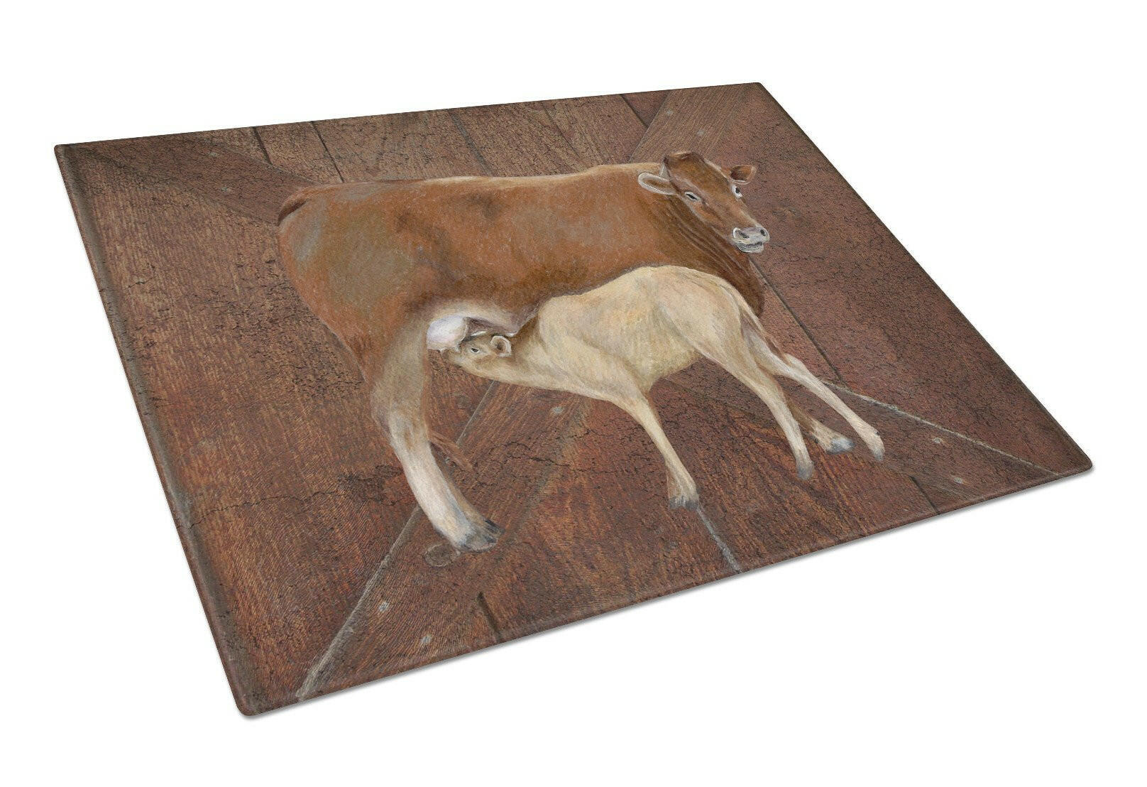 Cow Momma and Baby Cutting Board Tempered Glass Kitchen Cutting Surface, Heat Resistant Chopping, Non-Slip Feet, Food Prep & Serving