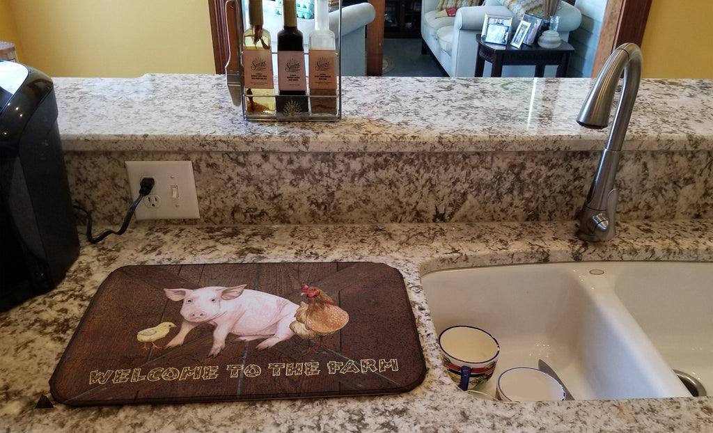 Welcome to the Farm with the pig and chicken Dish Drying Mat Absorbent Dish Drying Mat Pad for Kitchen Counter Dish Drainer Mat for Countertop, 14 x 21", Multicolor
