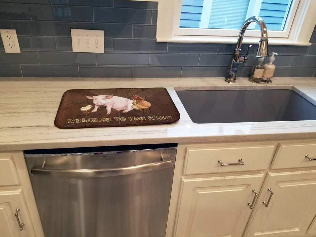 Welcome to the Farm with the pig and chicken Dish Drying Mat Absorbent Dish Drying Mat Pad for Kitchen Counter Dish Drainer Mat for Countertop, 14 x 21", Multicolor