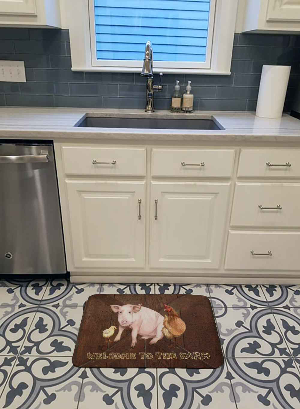 Welcome to the Farm with the pig and chicken Memory Foam Kitchen Mat Machine Washable Anti-Fatigue Cushion Comfort Bath or Kitchen Rug