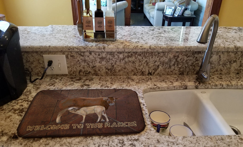 Welcome to the Ranch with the Cow and Baby Dish Drying Mat Absorbent Dish Drying Mat Pad for Kitchen Counter Dish Drainer Mat for Countertop, 14 x 21", Multicolor