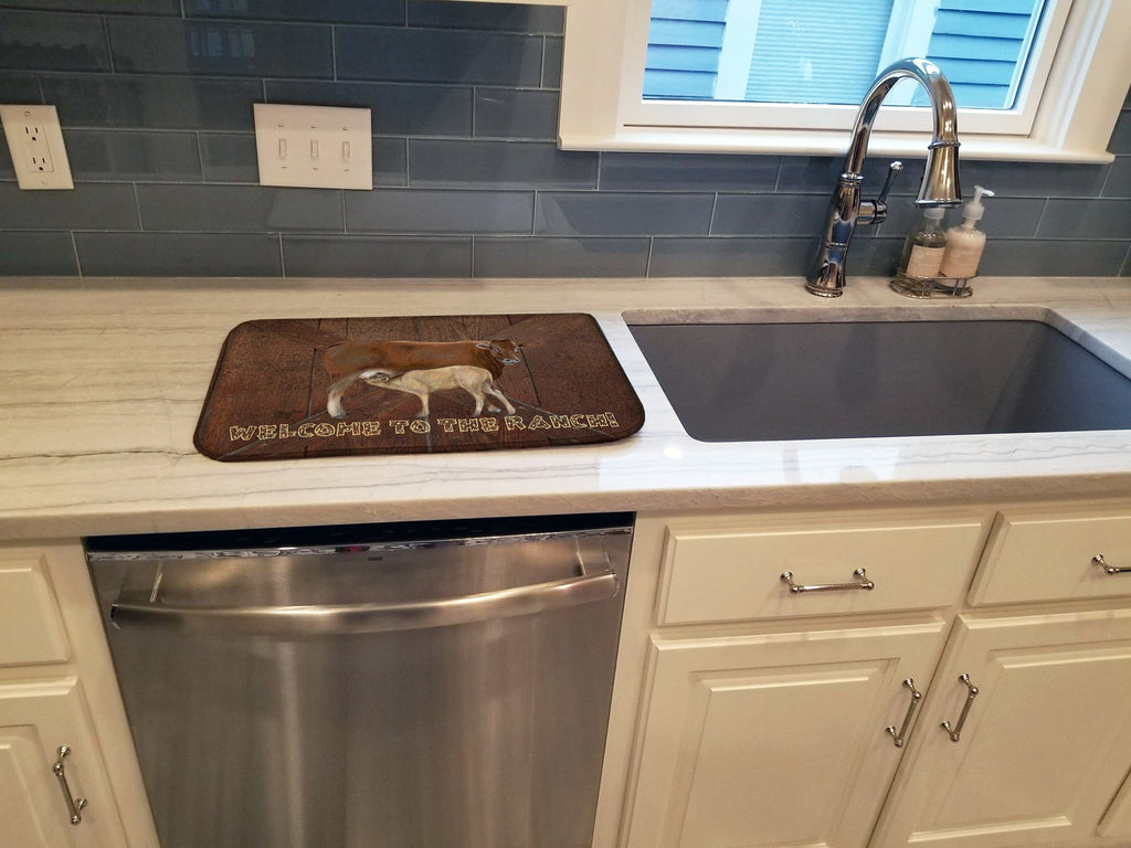 Welcome to the Ranch with the Cow and Baby Dish Drying Mat Absorbent Dish Drying Mat Pad for Kitchen Counter Dish Drainer Mat for Countertop, 14 x 21", Multicolor