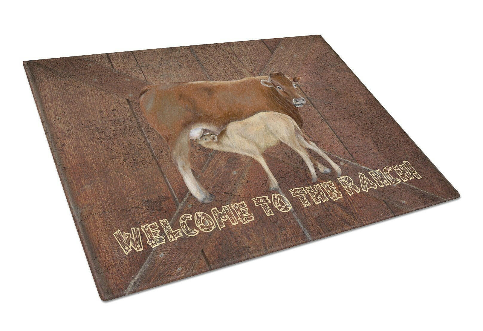 Welcome to the Ranch with the Cow and Baby Cutting Board Tempered Glass Kitchen Cutting Surface, Heat Resistant Chopping, Non-Slip Feet, Food Prep & Serving