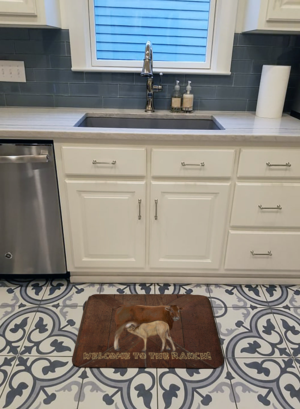 Welcome to the Ranch with the Cow and Baby Memory Foam Kitchen Mat Machine Washable Anti-Fatigue Cushion Comfort Bath or Kitchen Rug