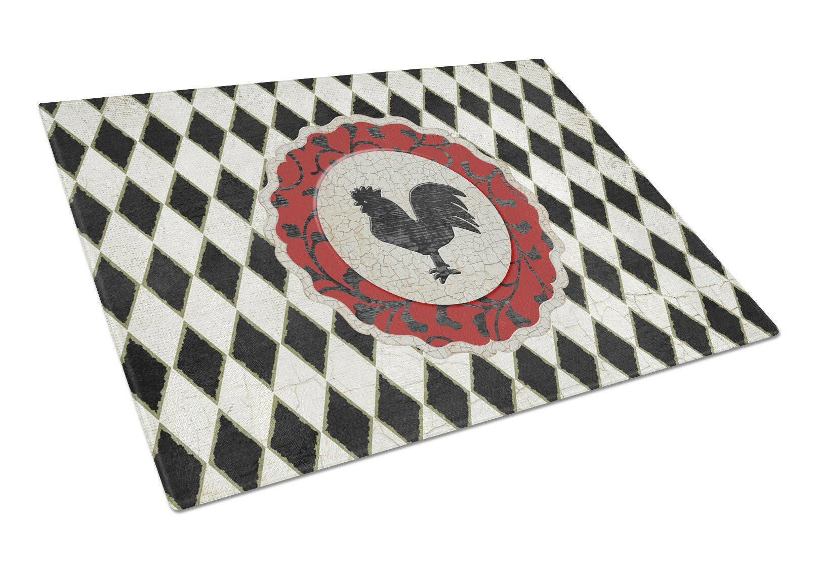 Rooster Harlequin Black and white Cutting Board Tempered Glass Kitchen Cutting Surface, Heat Resistant Chopping, Non-Slip Feet, Food Prep & Serving