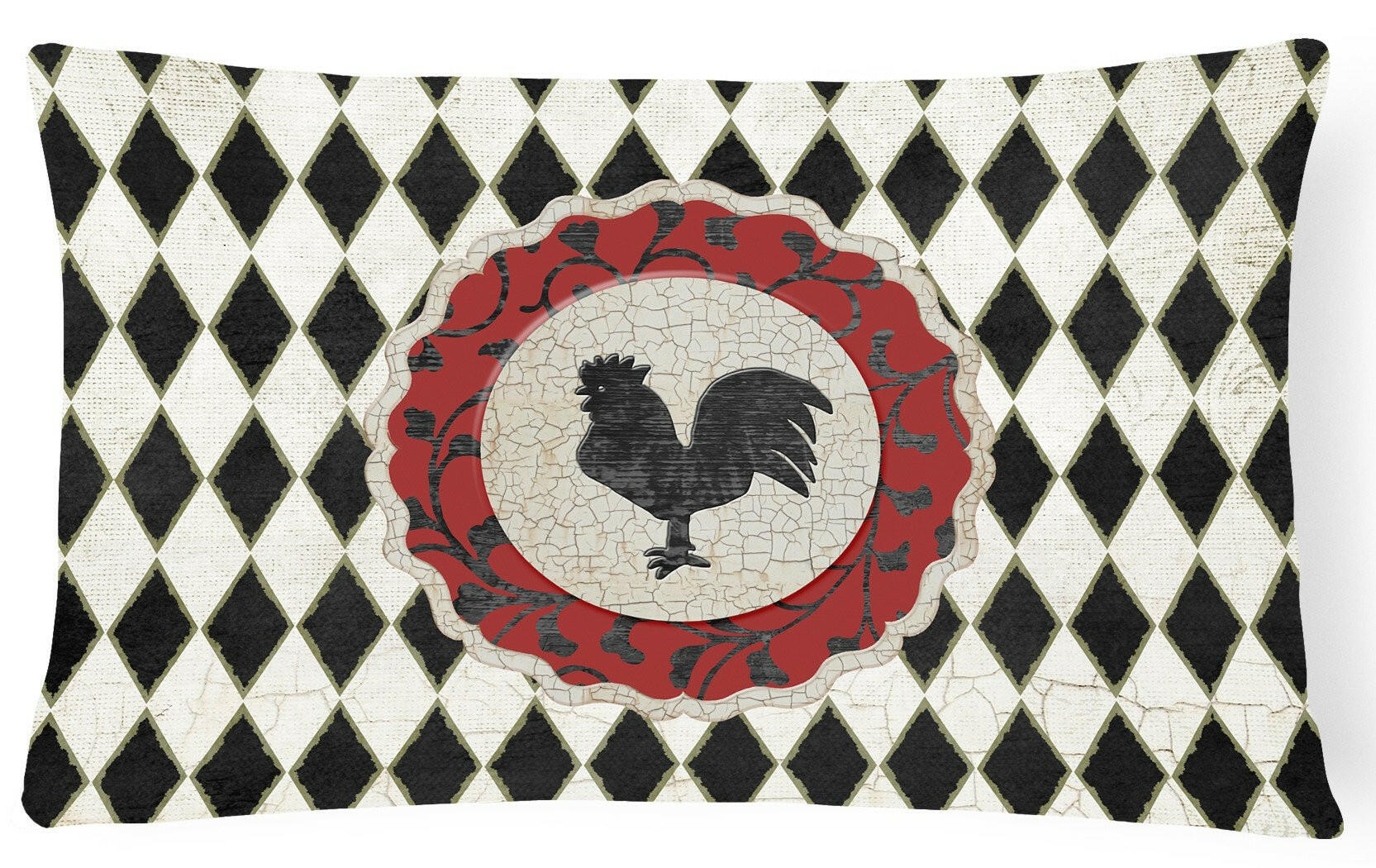 Rooster Harlequin Black and white Decorative Throw Pillow 12x16 Indoor Outdoor Accent Cushion, Fabric Cover with Insert for Sofa, Bed, Porch & Living Room