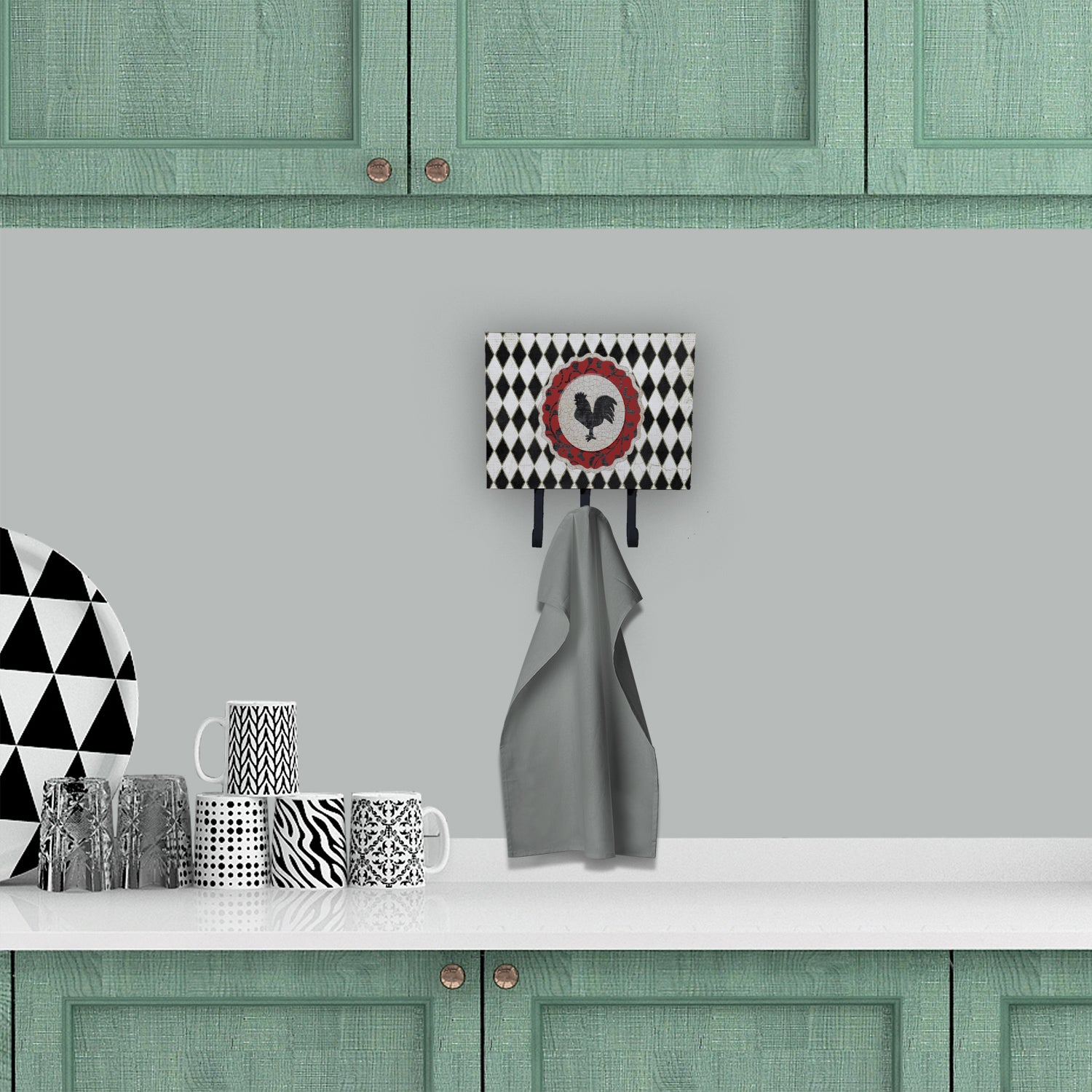 Rooster Harlequin Black and white Leash or Key Holder Wall Hooks, Coat Rack Wall Mount, for Hanging Keys, Towels, Aprons, Leashes