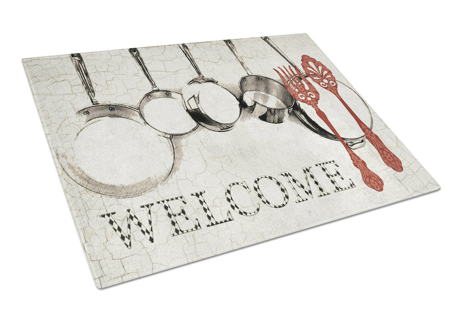 Pots and Pans Welcome Cutting Board Tempered Glass Kitchen Cutting Surface, Heat Resistant Chopping, Non-Slip Feet, Food Prep & Serving